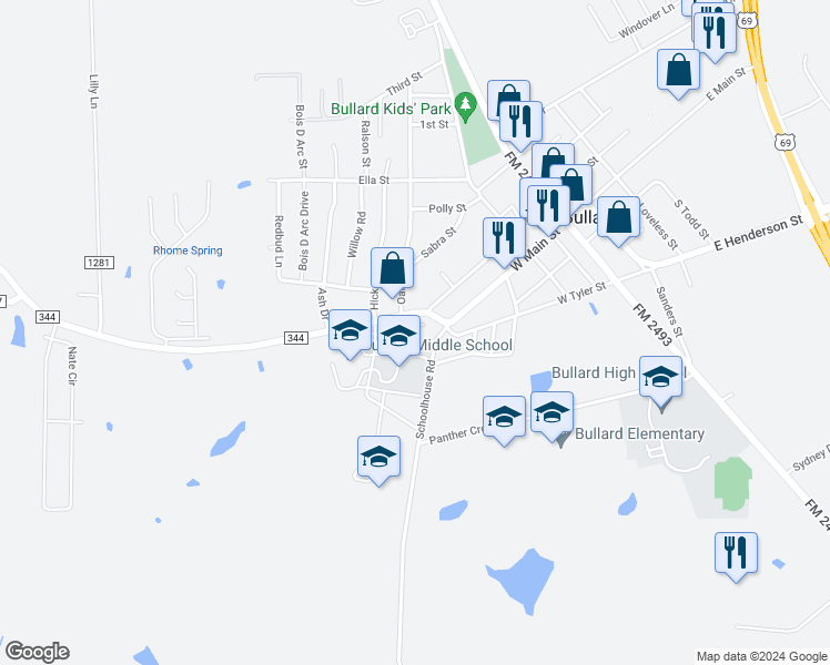 map of restaurants, bars, coffee shops, grocery stores, and more near 116 Schoolhouse Road in Bullard