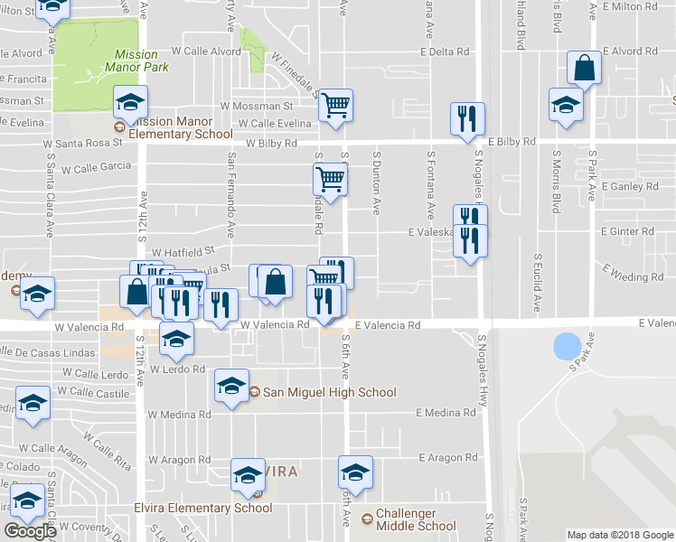 map of restaurants, bars, coffee shops, grocery stores, and more near 6350 South 6th Avenue in Tucson