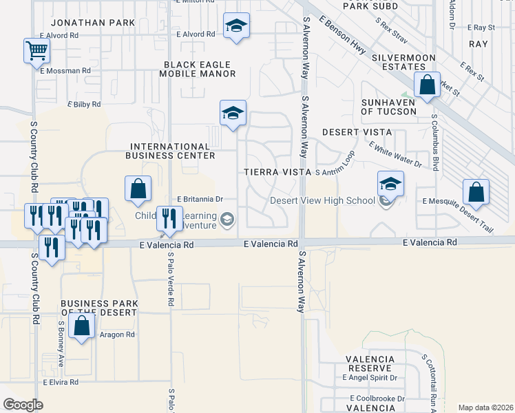 map of restaurants, bars, coffee shops, grocery stores, and more near 6400 South Bright Sun Avenue in Tucson