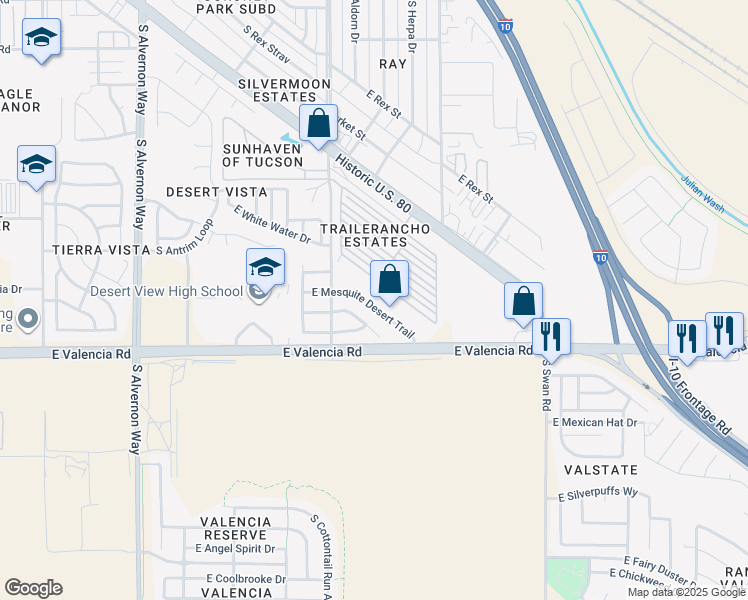 map of restaurants, bars, coffee shops, grocery stores, and more near 4365 East Mesquite Desert Trail in Tucson