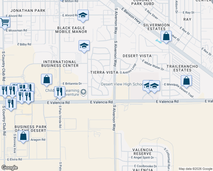 map of restaurants, bars, coffee shops, grocery stores, and more near 6399 South Sunrise Valley Drive in Tucson