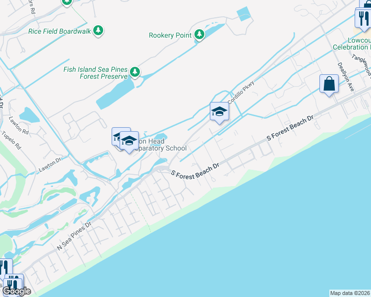map of restaurants, bars, coffee shops, grocery stores, and more near 219 Cordillo Parkway in Hilton Head Island