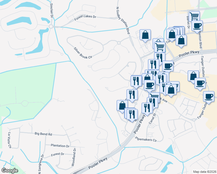 map of restaurants, bars, coffee shops, grocery stores, and more near 118 Manor Row in Pooler