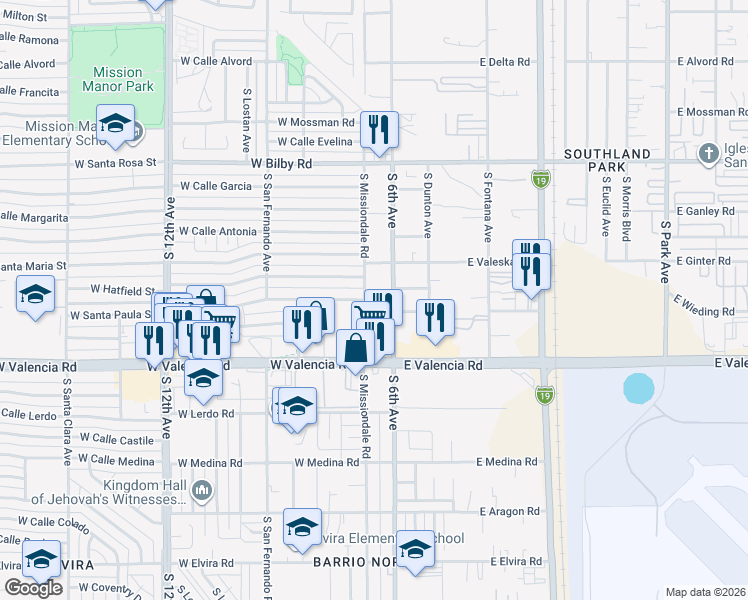 map of restaurants, bars, coffee shops, grocery stores, and more near 6350 South 6th Avenue in Tucson