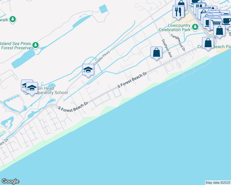map of restaurants, bars, coffee shops, grocery stores, and more near 8 Bayberry Lane in Hilton Head Island