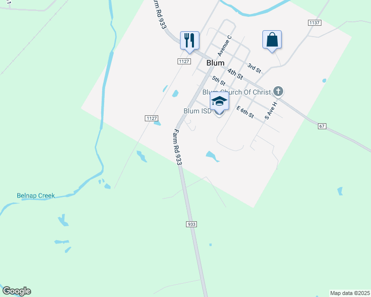 map of restaurants, bars, coffee shops, grocery stores, and more near 513 Farm to Market Road 933 in Blum