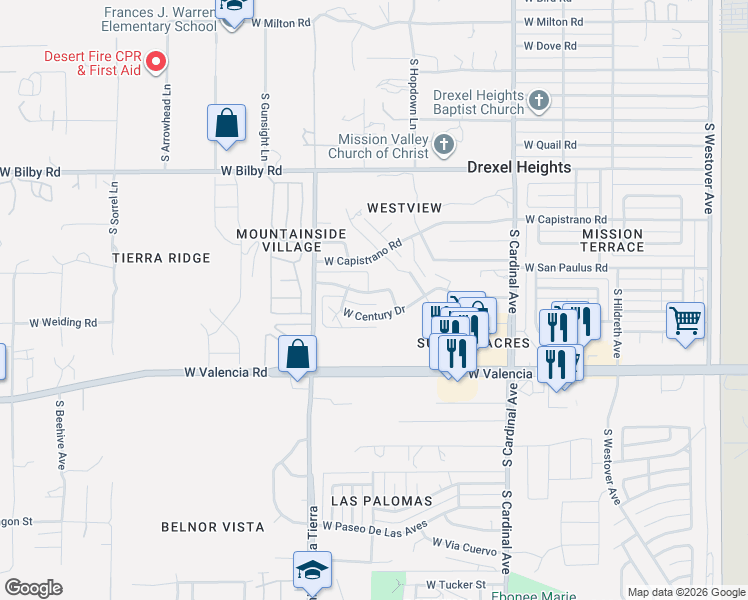 map of restaurants, bars, coffee shops, grocery stores, and more near 3134 West Century Drive in Tucson