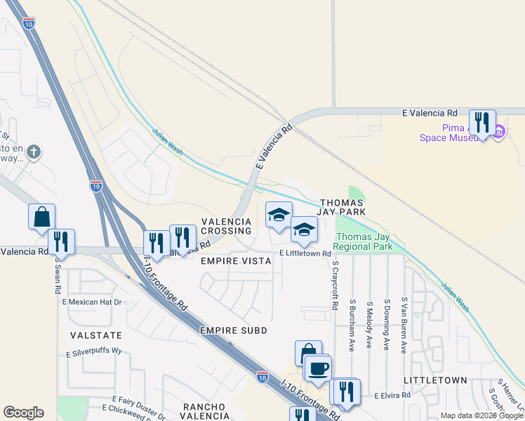 map of restaurants, bars, coffee shops, grocery stores, and more near 5280 East Valencia Road in Tucson