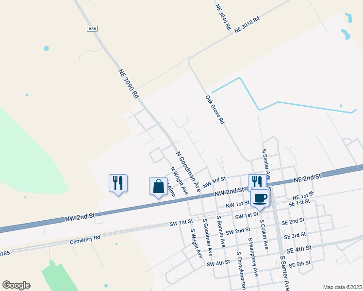 map of restaurants, bars, coffee shops, grocery stores, and more near 501 Overlook Drive North in Kerens