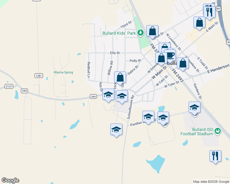 map of restaurants, bars, coffee shops, grocery stores, and more near Bullard School in Bullard