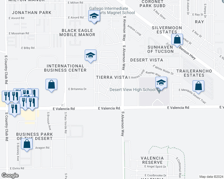 map of restaurants, bars, coffee shops, grocery stores, and more near 6387 South Sunrise Valley Drive in Tucson