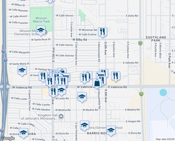 map of restaurants, bars, coffee shops, grocery stores, and more near 6415 South Fiesta Avenue in Tucson