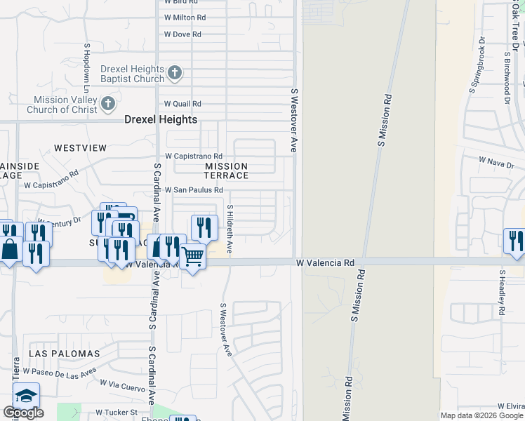map of restaurants, bars, coffee shops, grocery stores, and more near 2601 West Santa Louisa Street in Tucson
