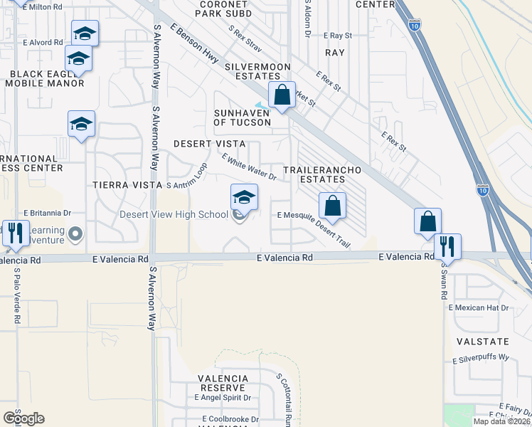 map of restaurants, bars, coffee shops, grocery stores, and more near 6376 South Acacia Desert Avenue in Tucson