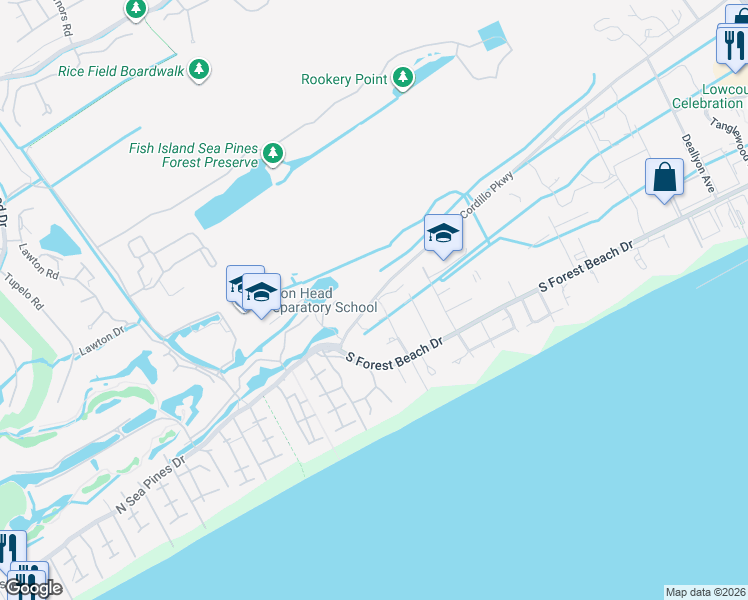 map of restaurants, bars, coffee shops, grocery stores, and more near 219 Cordillo Parkway in Hilton Head Island