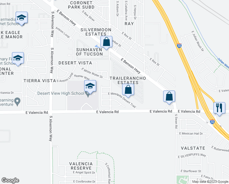 map of restaurants, bars, coffee shops, grocery stores, and more near 4311 East Mesquite Desert Trail in Tucson