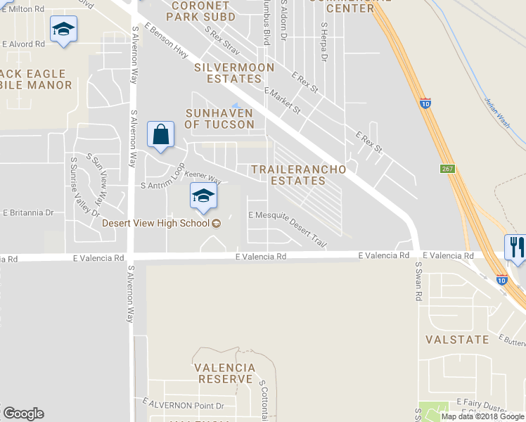 map of restaurants, bars, coffee shops, grocery stores, and more near 4269 East Mesquite Desert Trail in Tucson