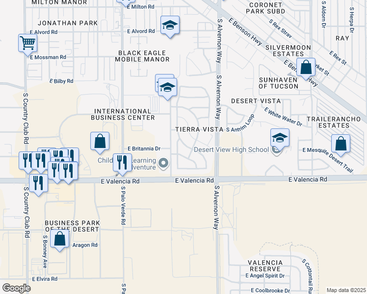 map of restaurants, bars, coffee shops, grocery stores, and more near 6350 South Sunrise Valley Drive in Tucson