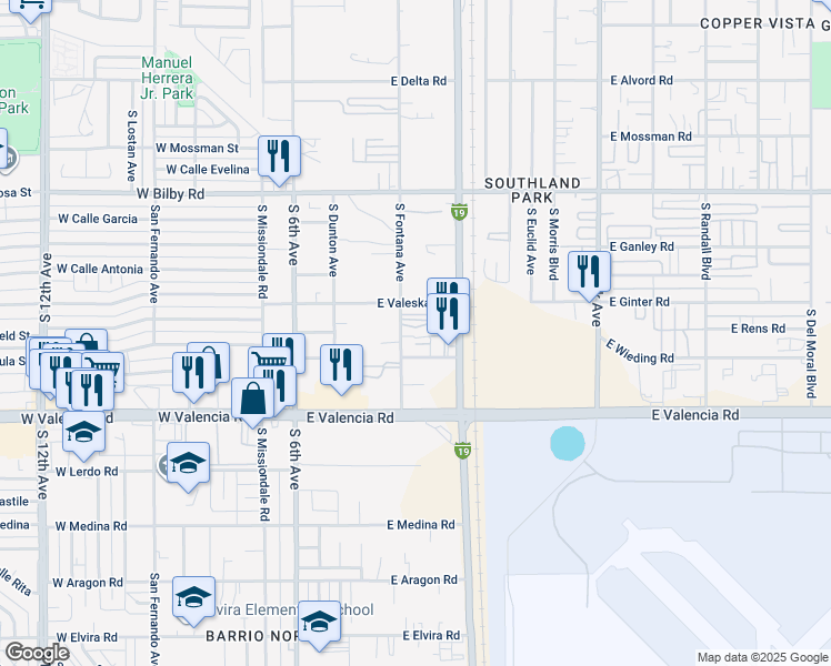 map of restaurants, bars, coffee shops, grocery stores, and more near 6370 South Fontana Avenue in Tucson