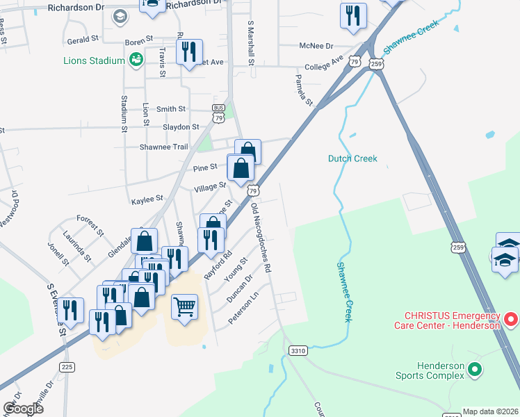map of restaurants, bars, coffee shops, grocery stores, and more near 1505 Old Nacogdoches Road in Henderson