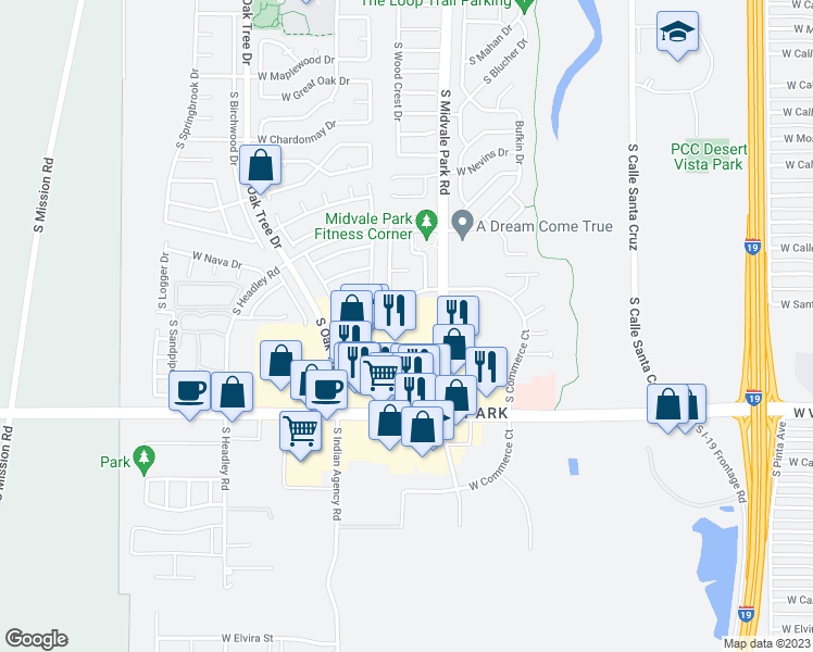 map of restaurants, bars, coffee shops, grocery stores, and more near 1650 West Valencia Road in Tucson