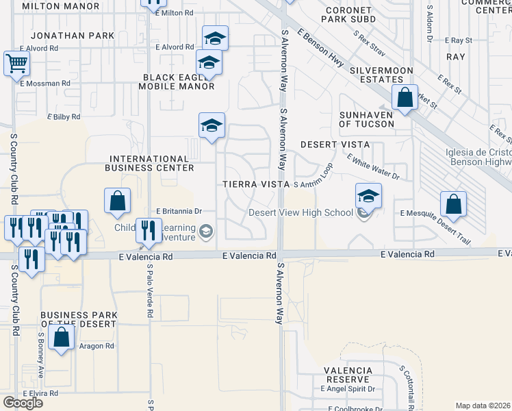 map of restaurants, bars, coffee shops, grocery stores, and more near 3793 East Sun View Court in Tucson