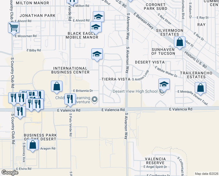 map of restaurants, bars, coffee shops, grocery stores, and more near 6359 South Sunrise Valley Drive in Tucson
