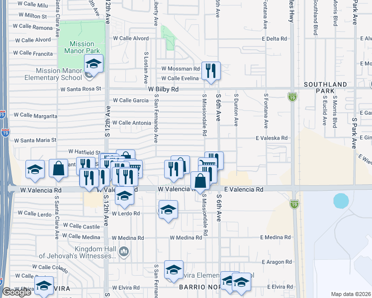 map of restaurants, bars, coffee shops, grocery stores, and more near 218 West Hatfield Street in Tucson