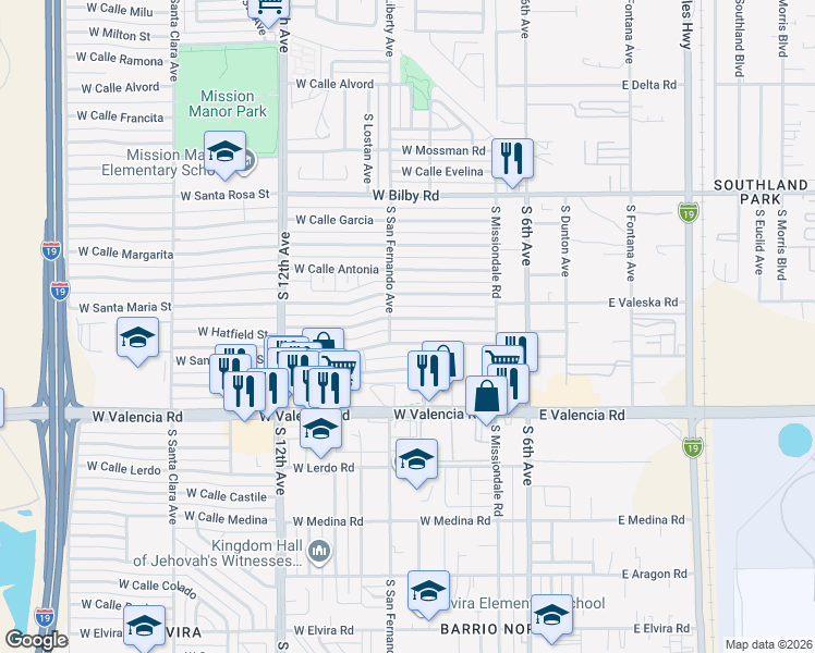 map of restaurants, bars, coffee shops, grocery stores, and more near 266 West Hatfield Street in Tucson
