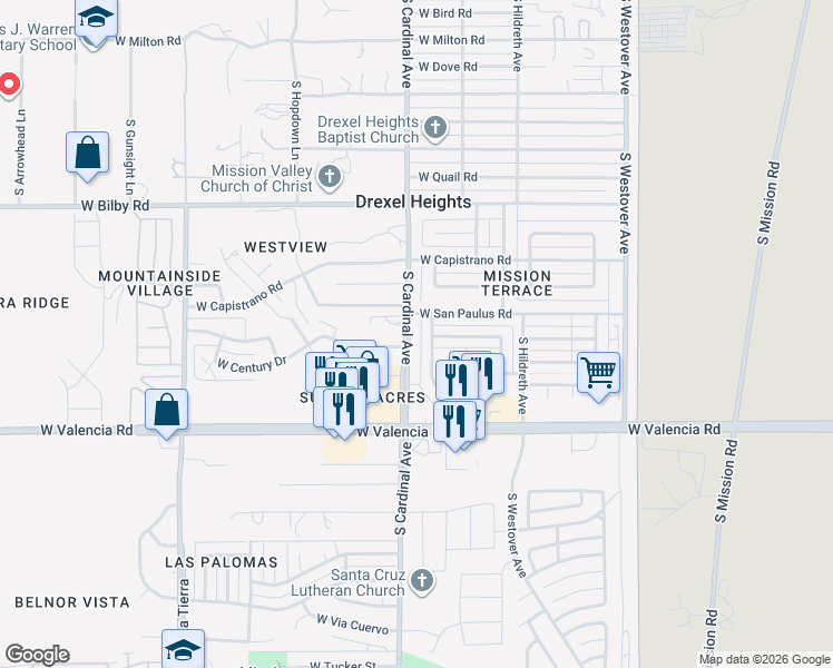 map of restaurants, bars, coffee shops, grocery stores, and more near 6301 South Cardinal Avenue in Tucson
