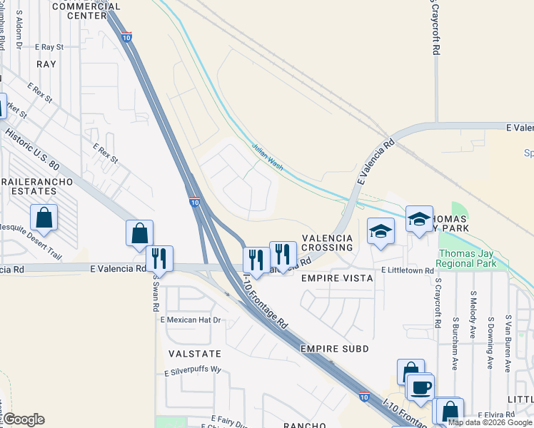 map of restaurants, bars, coffee shops, grocery stores, and more near 6325 East Desert Peak Drive in Tucson