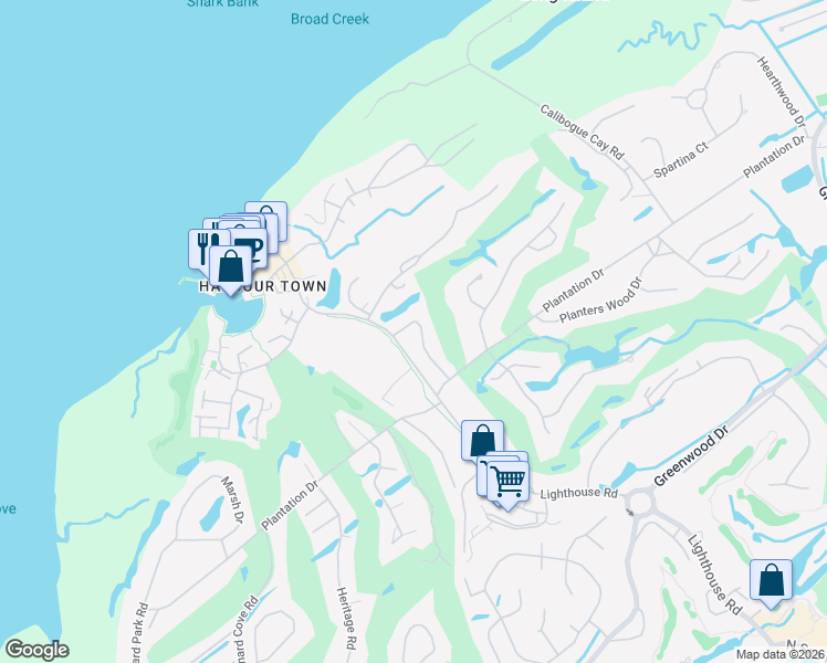 map of restaurants, bars, coffee shops, grocery stores, and more near 108 Lighthouse Road in Hilton Head Island