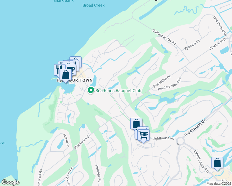 map of restaurants, bars, coffee shops, grocery stores, and more near 108 Lighthouse Road in Hilton Head Island