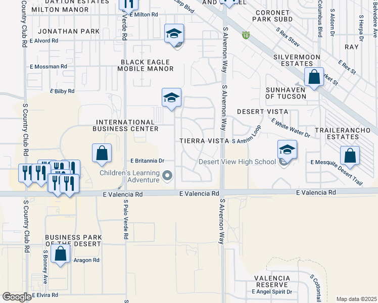 map of restaurants, bars, coffee shops, grocery stores, and more near 6335 South Sunrise Valley Drive in Tucson