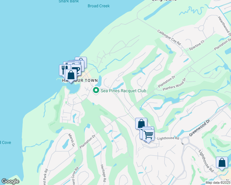 map of restaurants, bars, coffee shops, grocery stores, and more near 8 Stoney Creek Road in Hilton Head Island