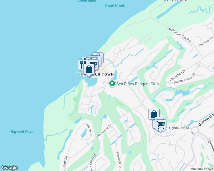 map of restaurants, bars, coffee shops, grocery stores, and more near 2 Lighthouse Lane in Hilton Head Island