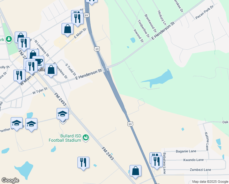 map of restaurants, bars, coffee shops, grocery stores, and more near in Bullard