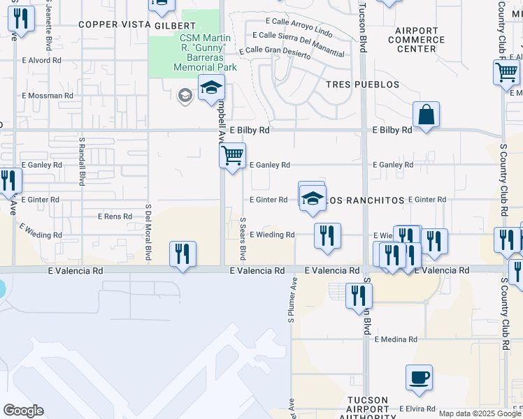 map of restaurants, bars, coffee shops, grocery stores, and more near 2054 East Ginter Road in Tucson