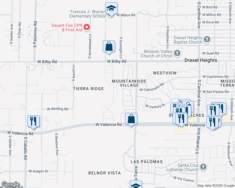 map of restaurants, bars, coffee shops, grocery stores, and more near 3450 West Valencia Road in Tucson