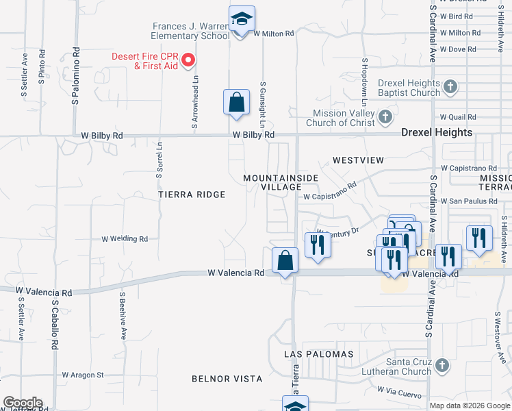map of restaurants, bars, coffee shops, grocery stores, and more near 3450 West Valencia Road in Tucson