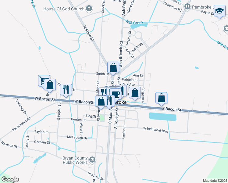 map of restaurants, bars, coffee shops, grocery stores, and more near 100 North Main Street in Pembroke