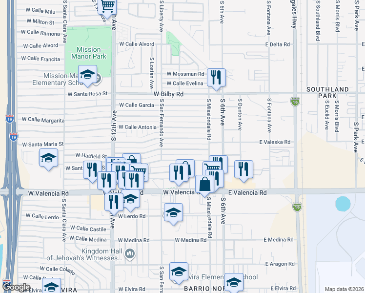 map of restaurants, bars, coffee shops, grocery stores, and more near 218 West Hatfield Street in Tucson