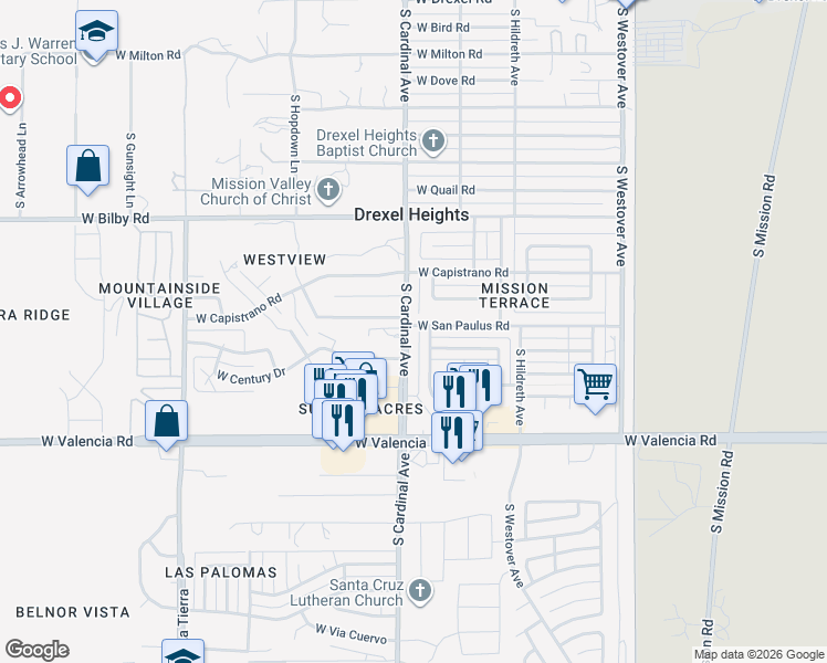 map of restaurants, bars, coffee shops, grocery stores, and more near 6301 South Cardinal Avenue in Tucson