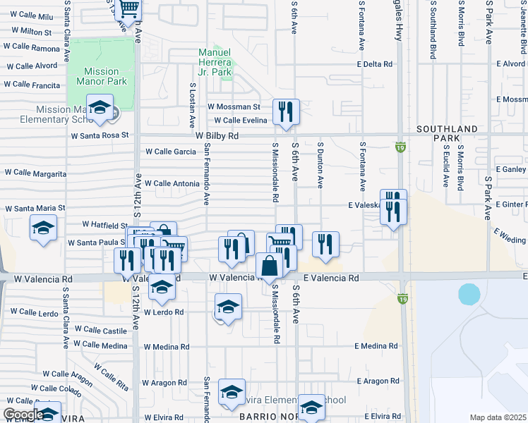 map of restaurants, bars, coffee shops, grocery stores, and more near 118 West Hatfield Street in Tucson