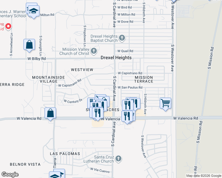 map of restaurants, bars, coffee shops, grocery stores, and more near 6300 South Cardinal Avenue in Tucson