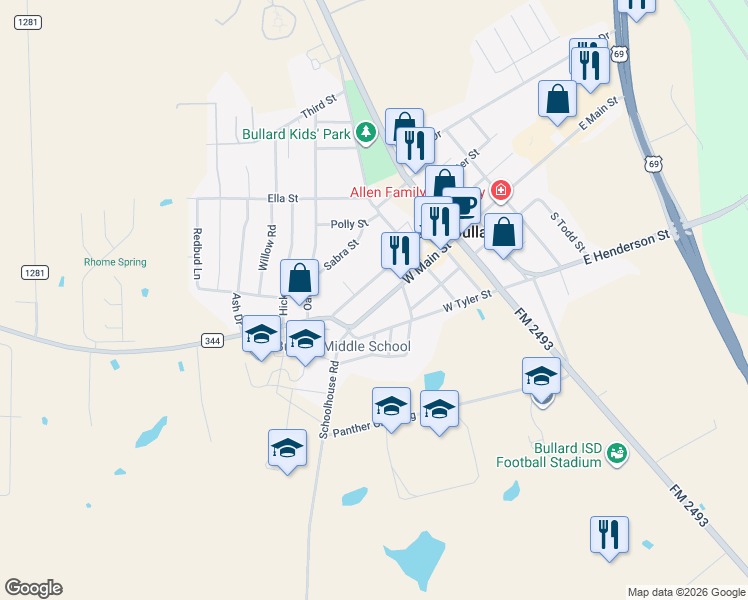 map of restaurants, bars, coffee shops, grocery stores, and more near 517 West Emma Street in Bullard