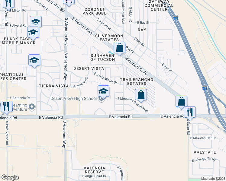 map of restaurants, bars, coffee shops, grocery stores, and more near 6328 South Acacia Desert Avenue in Tucson