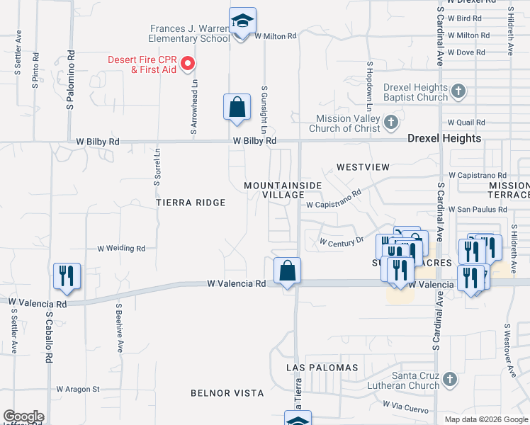 map of restaurants, bars, coffee shops, grocery stores, and more near 6296 South Waterton Drive in Tucson