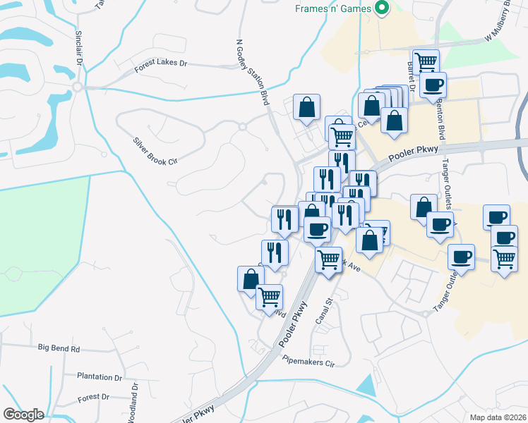 map of restaurants, bars, coffee shops, grocery stores, and more near 204 Towne Lake Way in Pooler