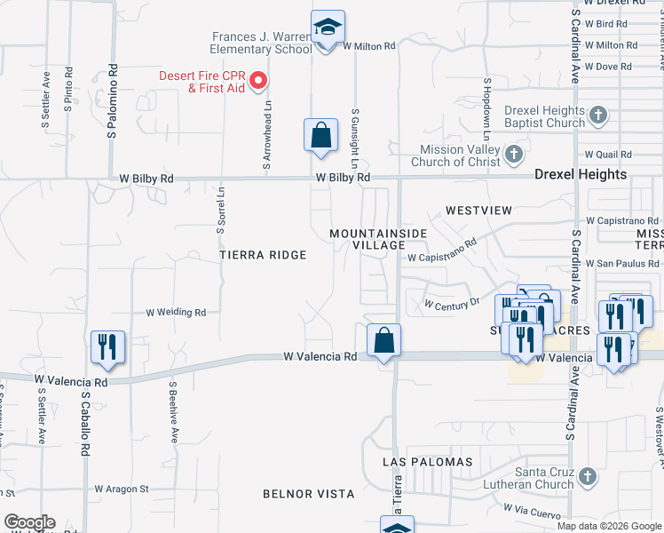 map of restaurants, bars, coffee shops, grocery stores, and more near 3450 West Valencia Road in Tucson